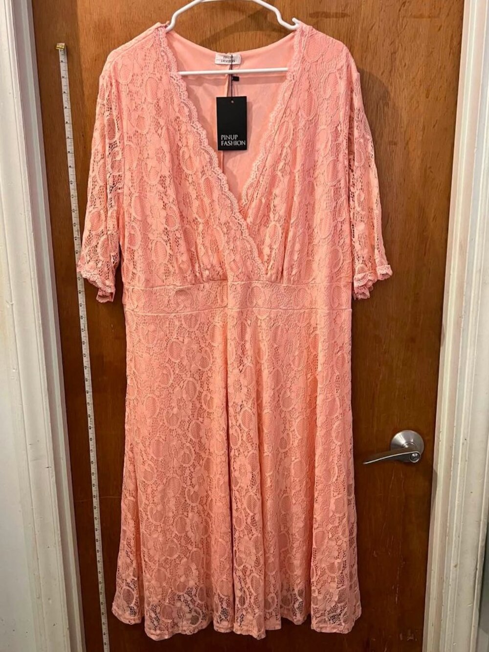 Size 22 - PinUp Fashion - NWT - Pink Lacy 3/4 Sleeve Midi Dress